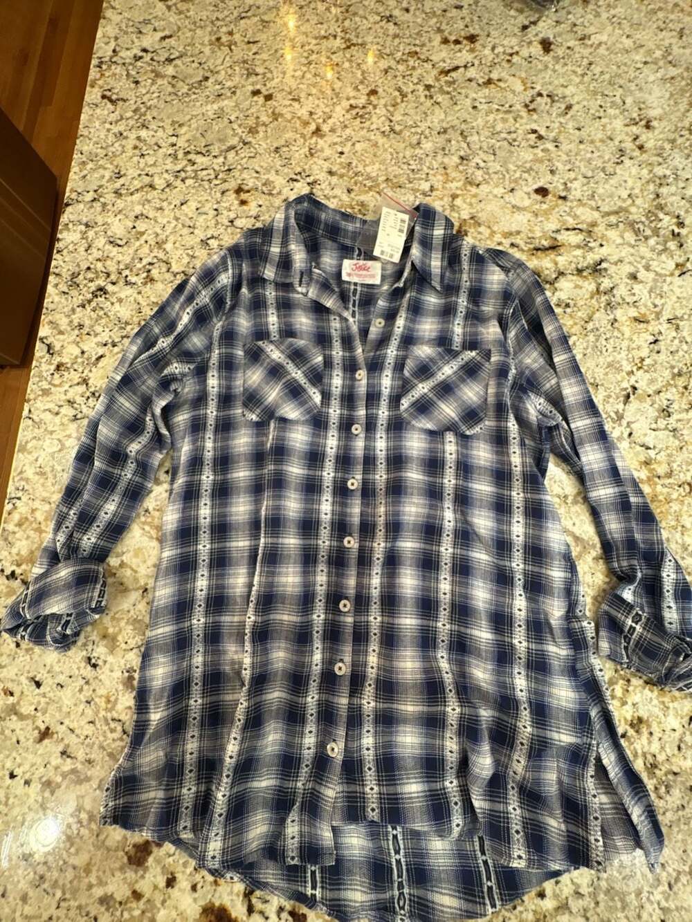 Justice Western Plaid Flannel Button Down Shirt Size 20 Blue White Long Sleeve